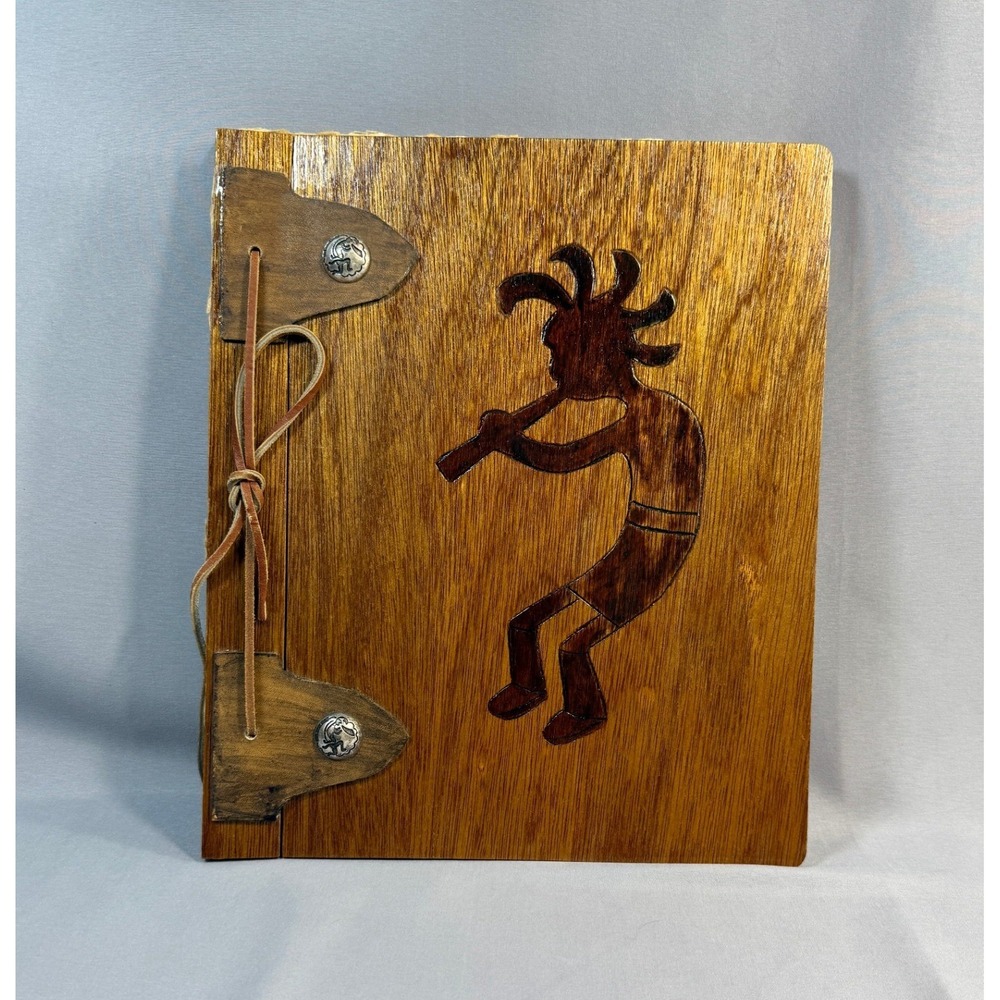 Vintage Handmade Kokopelli Wood Scrabook Journal Handmade Paper Leather Conchos